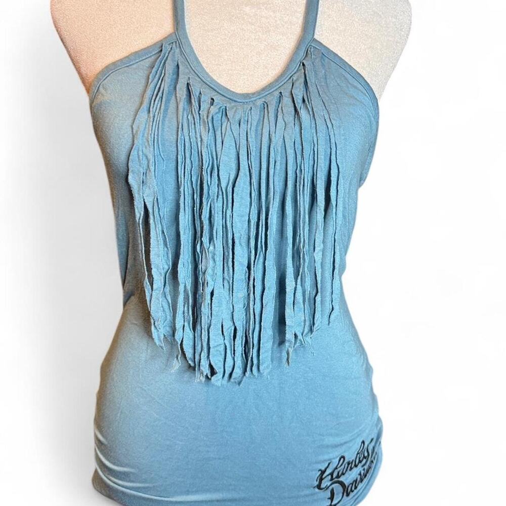 Harley davidson blue halter top with fringe detail